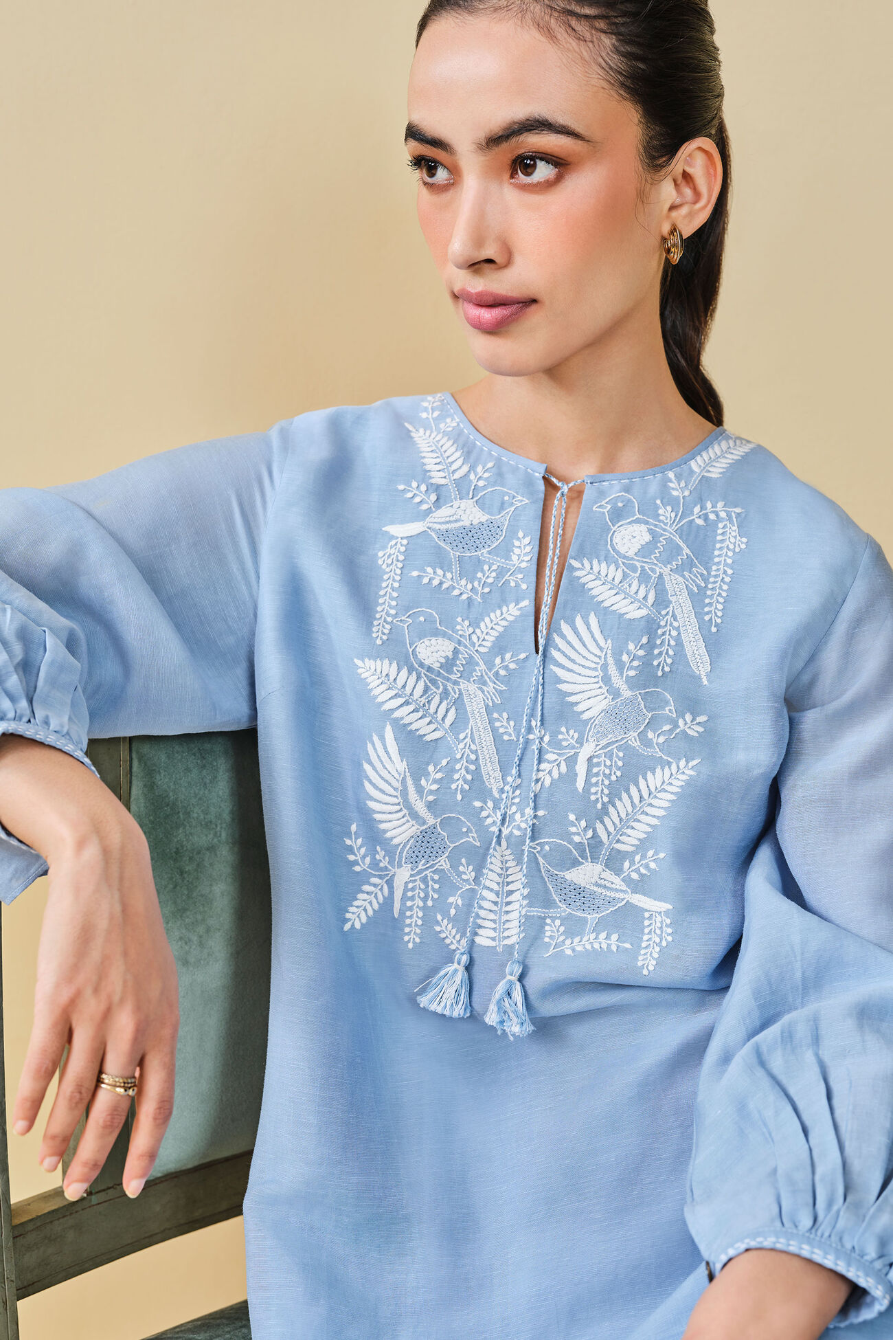 Cloud Sky Hand-embroidered Chikankari Bemberg Linen Coord, Blue, image 5